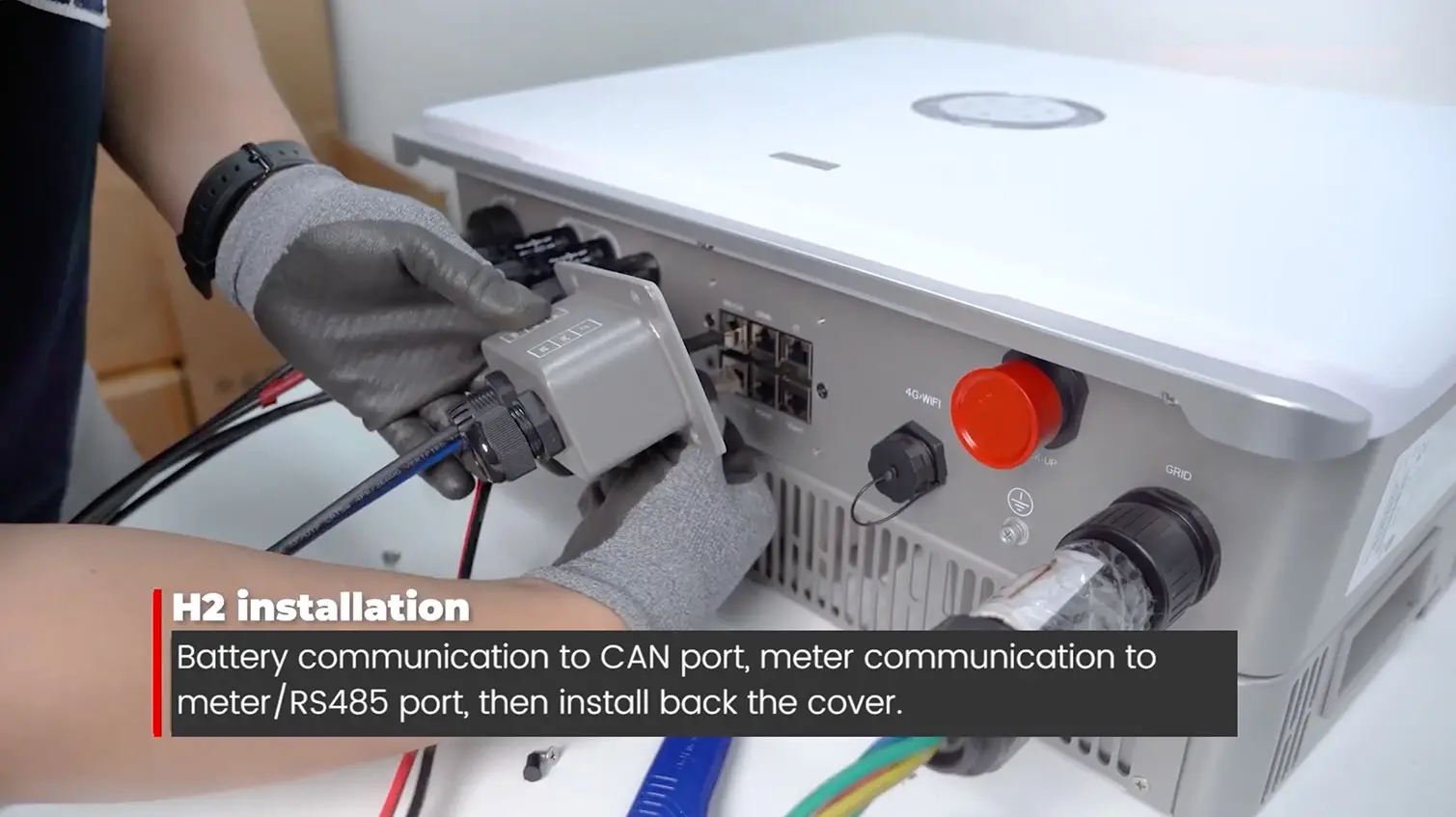 CAN and RS-485 Communication Ports Close-up of inverter communication ports labeled CAN and RS-485
