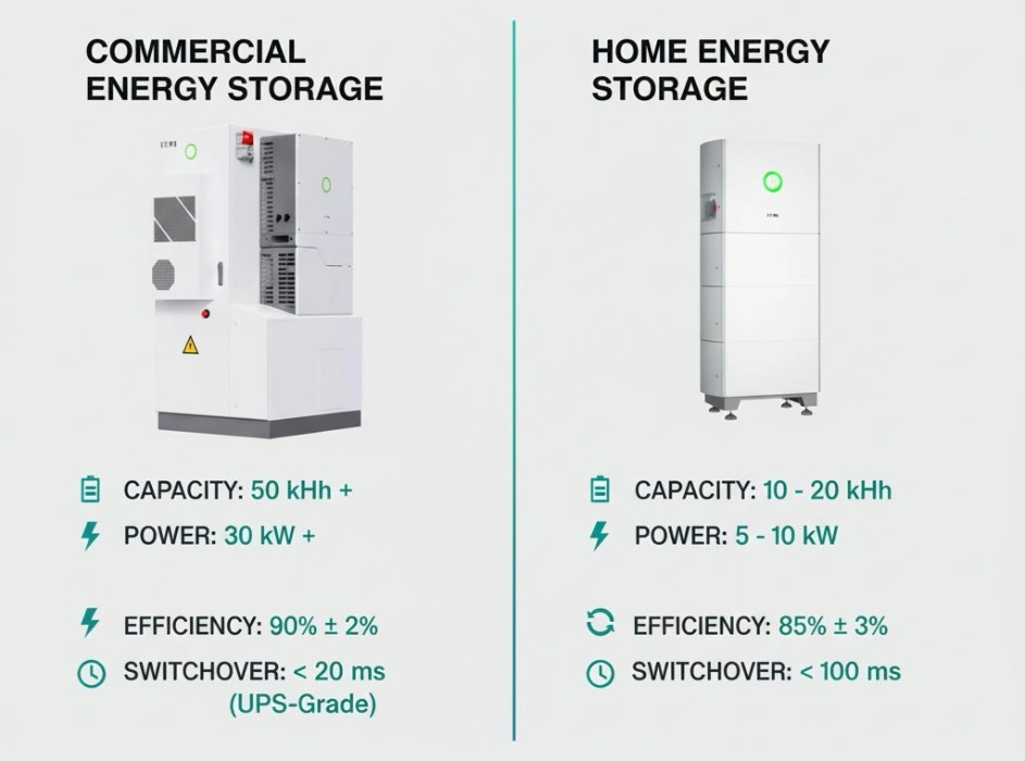 Minimalist spec infographic comparing home vs C&I ESS