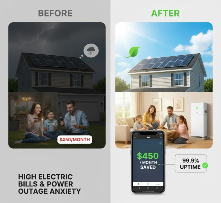 Family calmly using devices during blackout powered by ESS