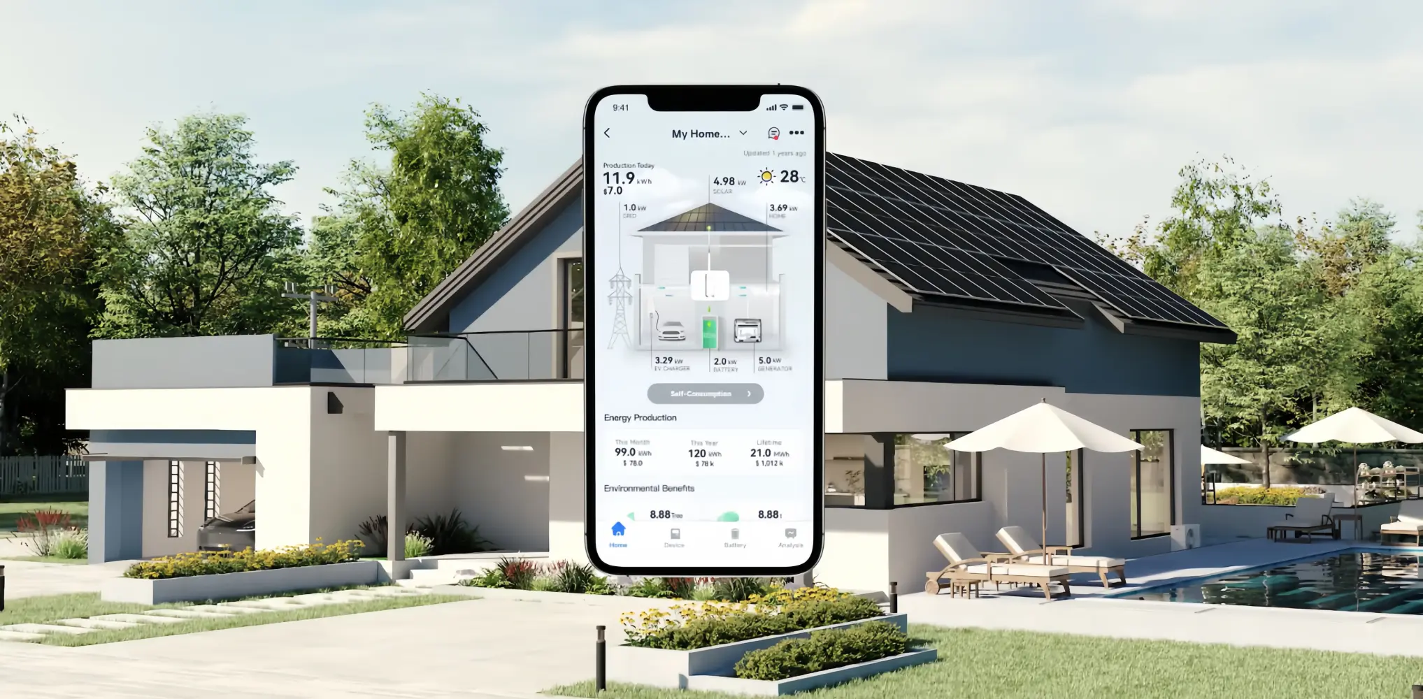 Real-time energy flow visualization showing PV, battery, home load and grid connections in elekeeper app Real-time energy flow visualization showing PV, battery, home load and grid connections in elekeeper app