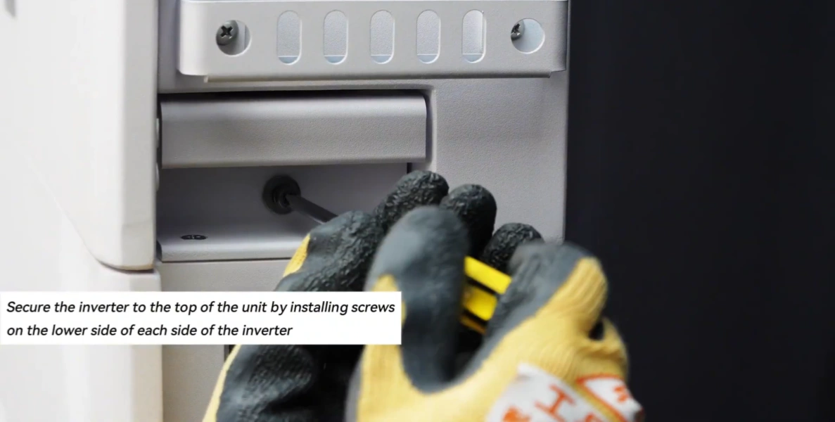 Securing the HS3 inverter onto the battery or charger assembly with lower side screws Securing the HS3 inverter onto the battery or charger assembly with lower side screws