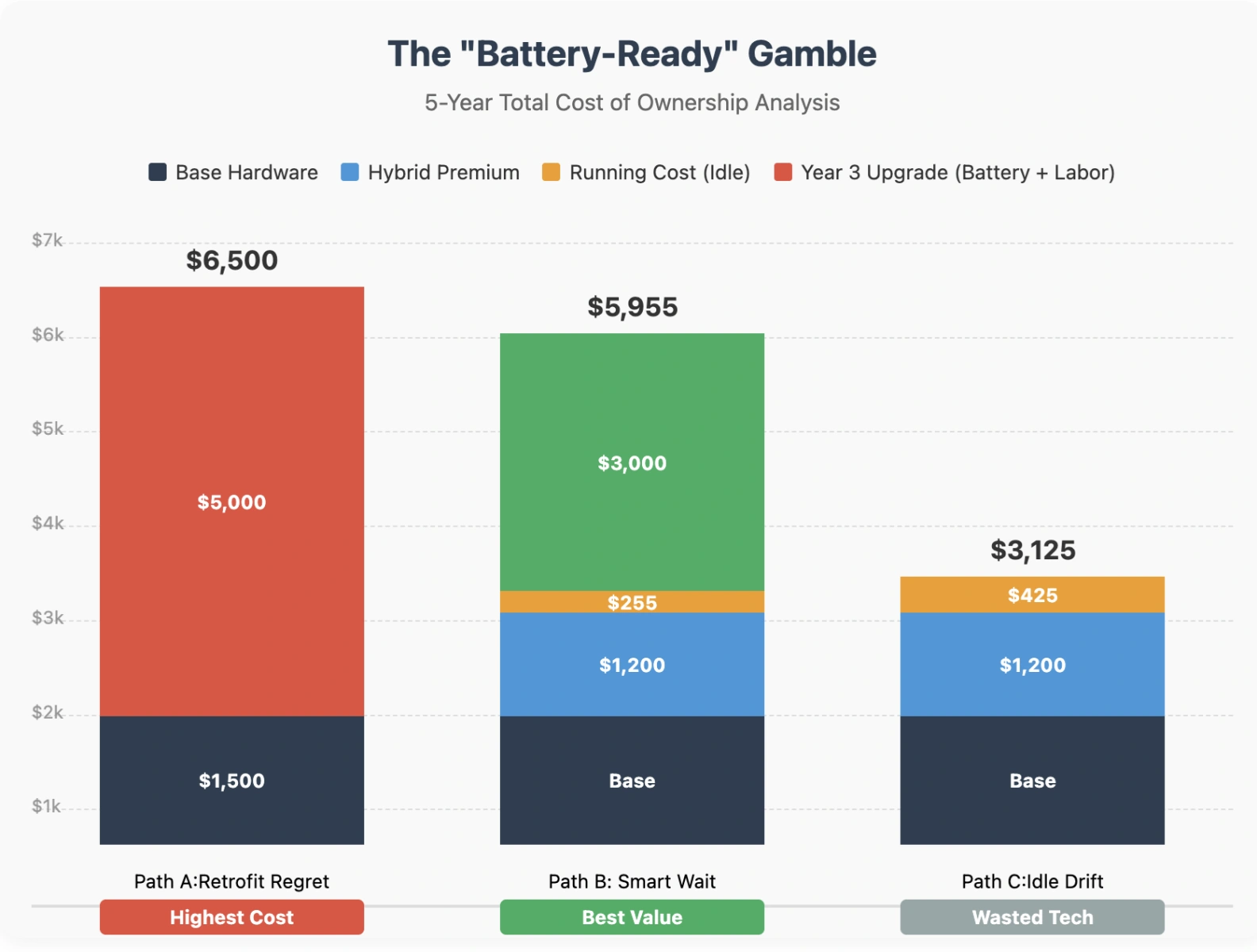 Paying a small premium now prevents a massive retrofit bill later. Cost comparison chart showing why buying a hybrid inverter now is cheaper if upgrading later