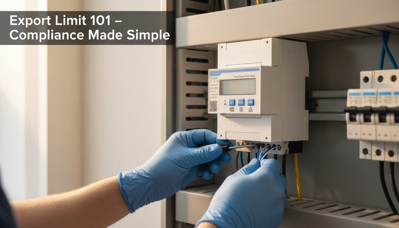 Technician installing DIN-rail export meter at the grid point of connection, with solar inverter and RS485 wiring in residential switchboard