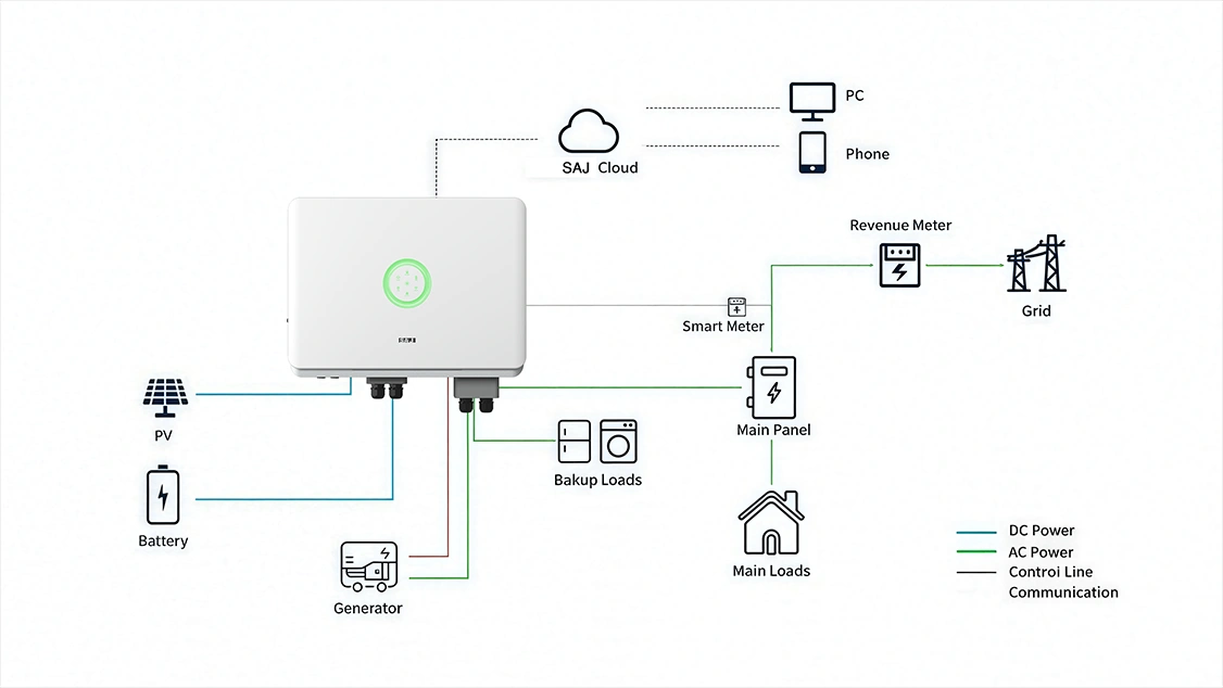 Diagram showing energy flow in an SAJ hybrid inverter without a battery connected. Diagram showing energy flow in an SAJ hybrid inverter without a battery connected.