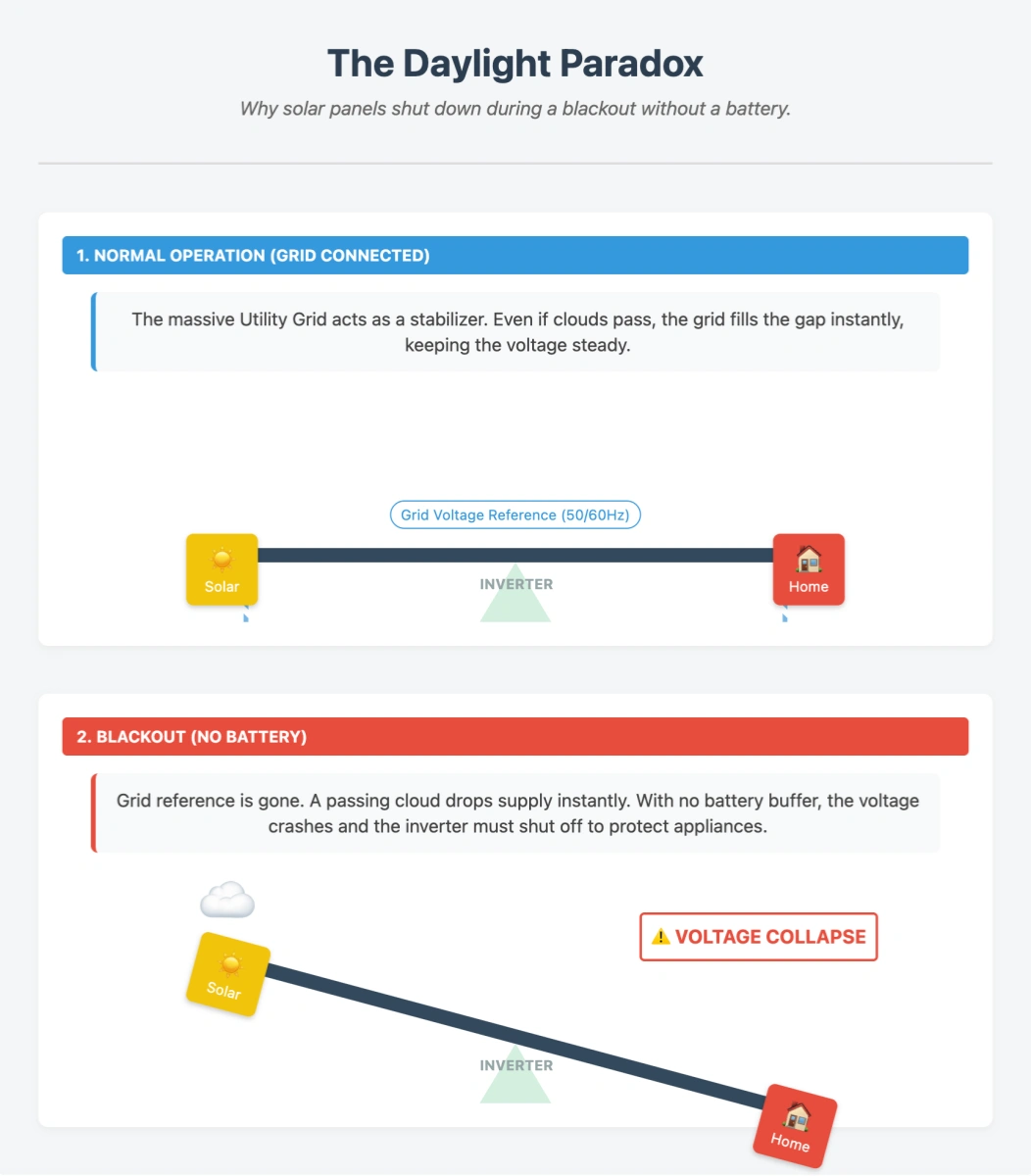 This diagram visualizes 'The Daylight Paradox,' explaining why your solar panels turn off during a sunny day outage if you don't have a battery. Infographic titled "The Daylight Paradox" illustrating solar system behavior