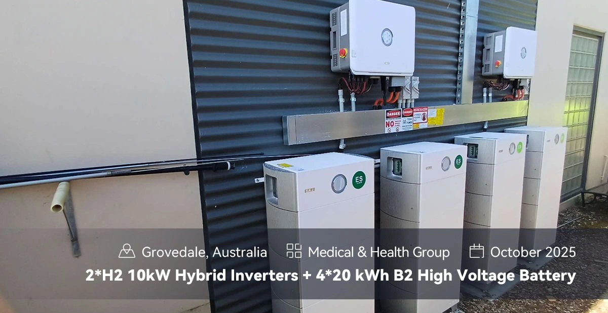Real-world retrofit: Wall-mounted H2 hybrid inverters paired with modular battery storage at a medical facility, illustrating flexible layout for complex sites Outdoor installation of two H2 10kW hybrid inverters and four B2 high-voltage battery packs