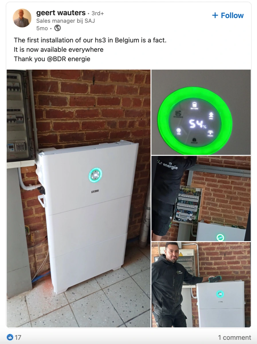 SAJ HS3 battery system installed in a garage, protected from dust by its IP65 enclosure.