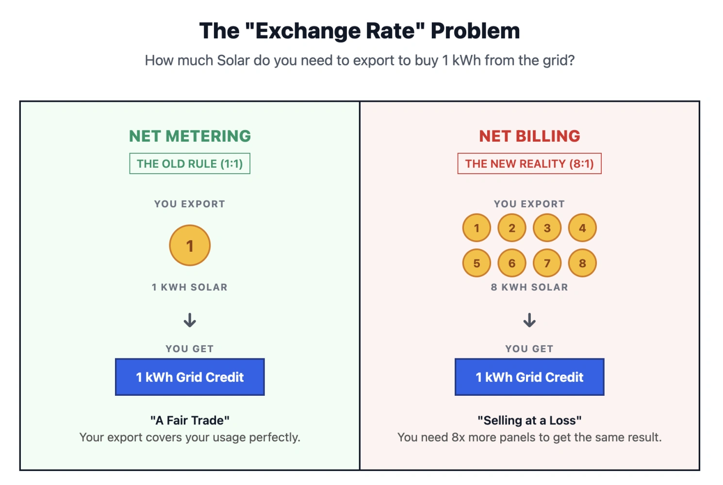 The Financial Reality: How much solar you need to trade for grid power. Image comparing 1-to-1 Net Metering credits vs 1-to-8 Net Billing costs.