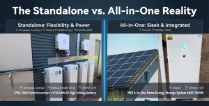 Eine Infografik mit geteiltem Bildschirm zum Vergleich mit dem Titel "Die Realität von Standalone- und All-in-One-Systemen". Der linke Bereich mit der Bezeichnung "Standalone: Flexibility & Power" (Standalone: Flexibilität und Leistung) zeigt separate Hybrid-Wechselrichter und gestapelte Batteriemodule, die extern an einer Wellblechwand in Australien montiert und durch leuchtend orangefarbene Linien miteinander verbunden sind. Der rechte Bereich mit der Bezeichnung "All-in-One: Sleek & Integrated" (All-in-One: Elegant und integriert) zeigt Solarmodule auf einem Ziegeldach, die über leuchtend blaue Linien mit einer einzigen modernen weißen Speicherturm-Einheit verbunden sind, die sich in einem Haus in Irland befindet.