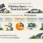Infographic titled “5 Battery Specs to Avoid a ‘Dead-End System’” summarizing Capacity (kWh), Power (kW), Usable Energy (DoD), State of Charge (SOC), and State of Health (SOH).
