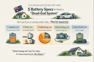 Infographic titled “5 Battery Specs to Avoid a ‘Dead-End System’” summarizing Capacity (kWh), Power (kW), Usable Energy (DoD), State of Charge (SOC), and State of Health (SOH).