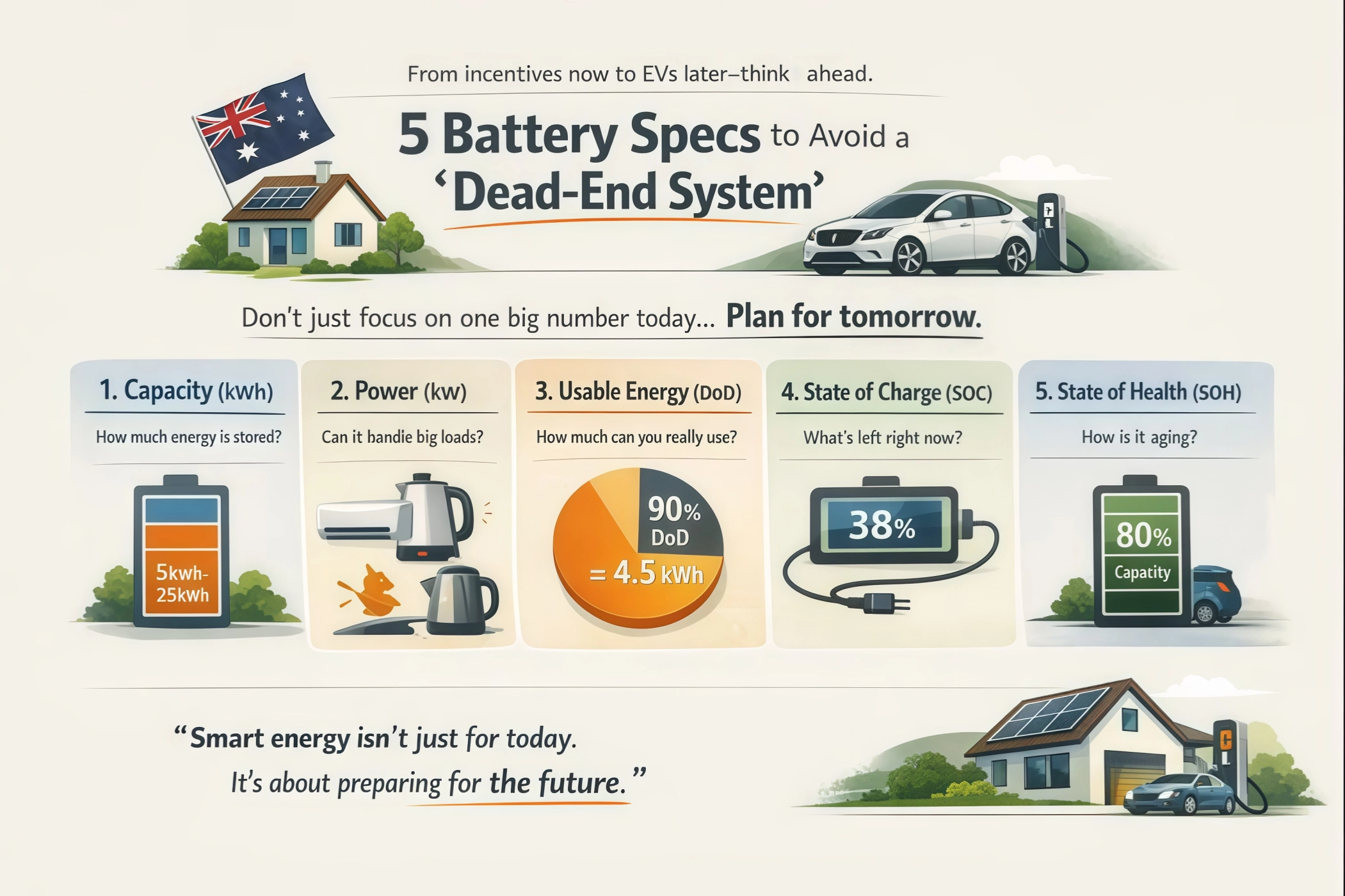 Infographic titled “5 Battery Specs to Avoid a ‘Dead-End System’” summarizing Capacity (kWh), Power (kW), Usable Energy (DoD), State of Charge (SOC), and State of Health (SOH).