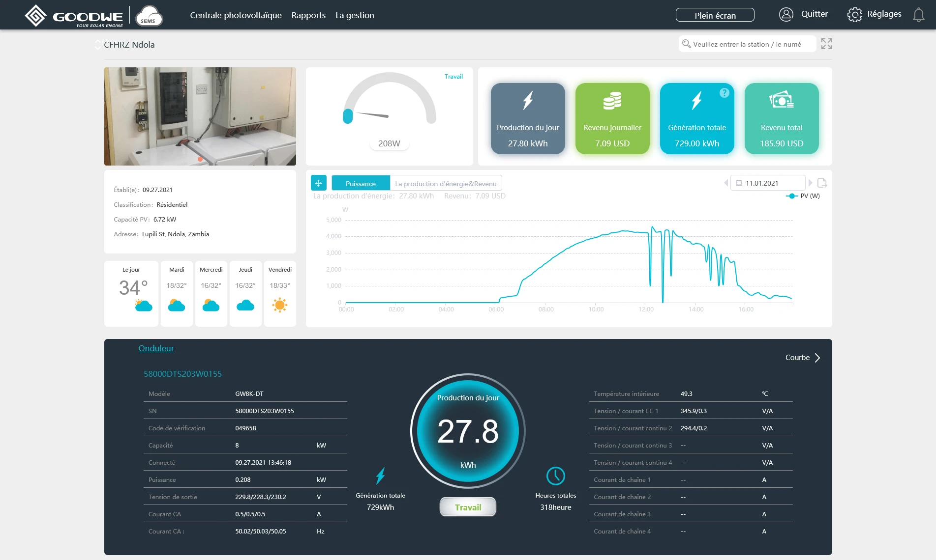 GoodWe SEMS dashboard showing real-time power generation data.