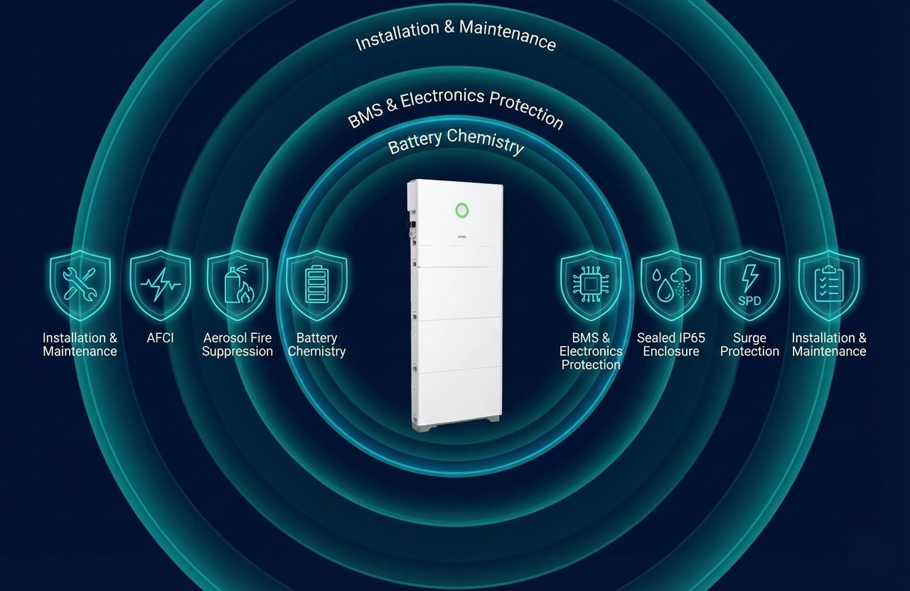 SAJ HS3 safety features diagram: LiFePO4 cells, aerosol fire suppression, and IP65 sealing.