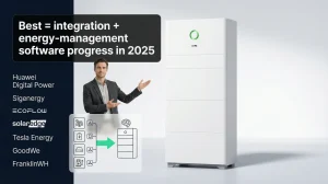 Featured image showing an SAJ HS3 all-in-one home battery with the message “Best = integration + energy-management software progress in 2025” and a diagram of many boxes converging into one unified brain.