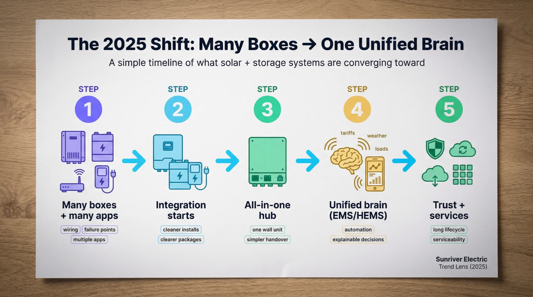 The 2025 shift in solar + storage: fewer boxes, one control layer (EMS/HEMS), and more emphasis on long-term service and safety. Timeline infographic titled “The 2025 Shift: Many Boxes → One Unified Brain” showing five steps from separate devices and apps to an all-in-one hub, unified EMS/HEMS, and trust and services.