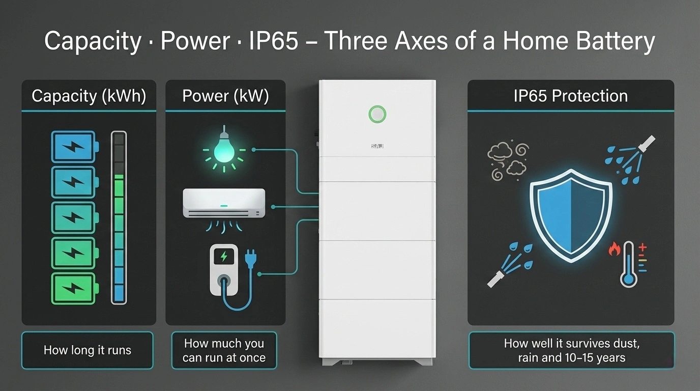 A horizontal infographic about home energy storage devices, with three sections on the left and right respectively displaying capacity (kWh), power (kW), and IP65 protection, emphasizing that selection should consider these three dimensions.