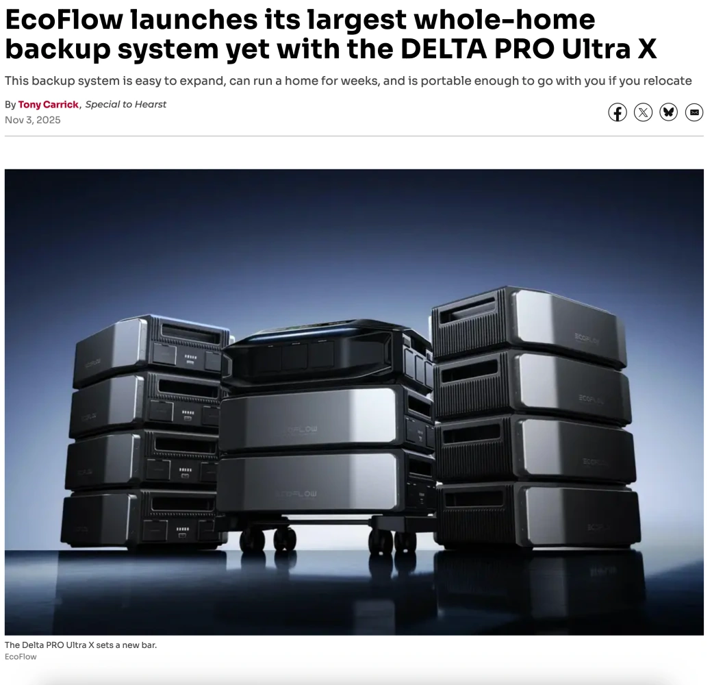 Screenshot about EcoFlow DELTA Pro Ultra X whole-home backup system, showing stacked battery units. Screenshot about EcoFlow DELTA Pro Ultra X whole-home backup system, showing stacked battery units. EcoFlow DELTA Pro Ultra X launch coverage (screenshot).