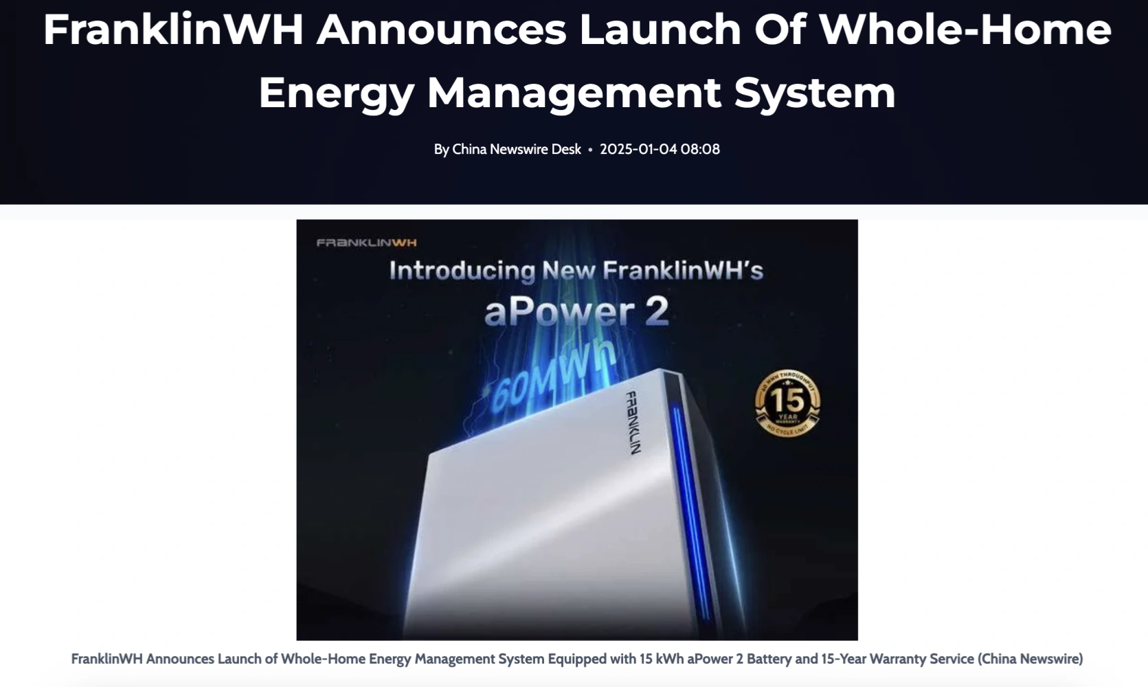 FranklinWH aPower 2: whole-home backup positioning and 15-year warranty (screenshot). FranklinWH aPower 2 product image with 15-year warranty badge from a whole-home energy management announcement.