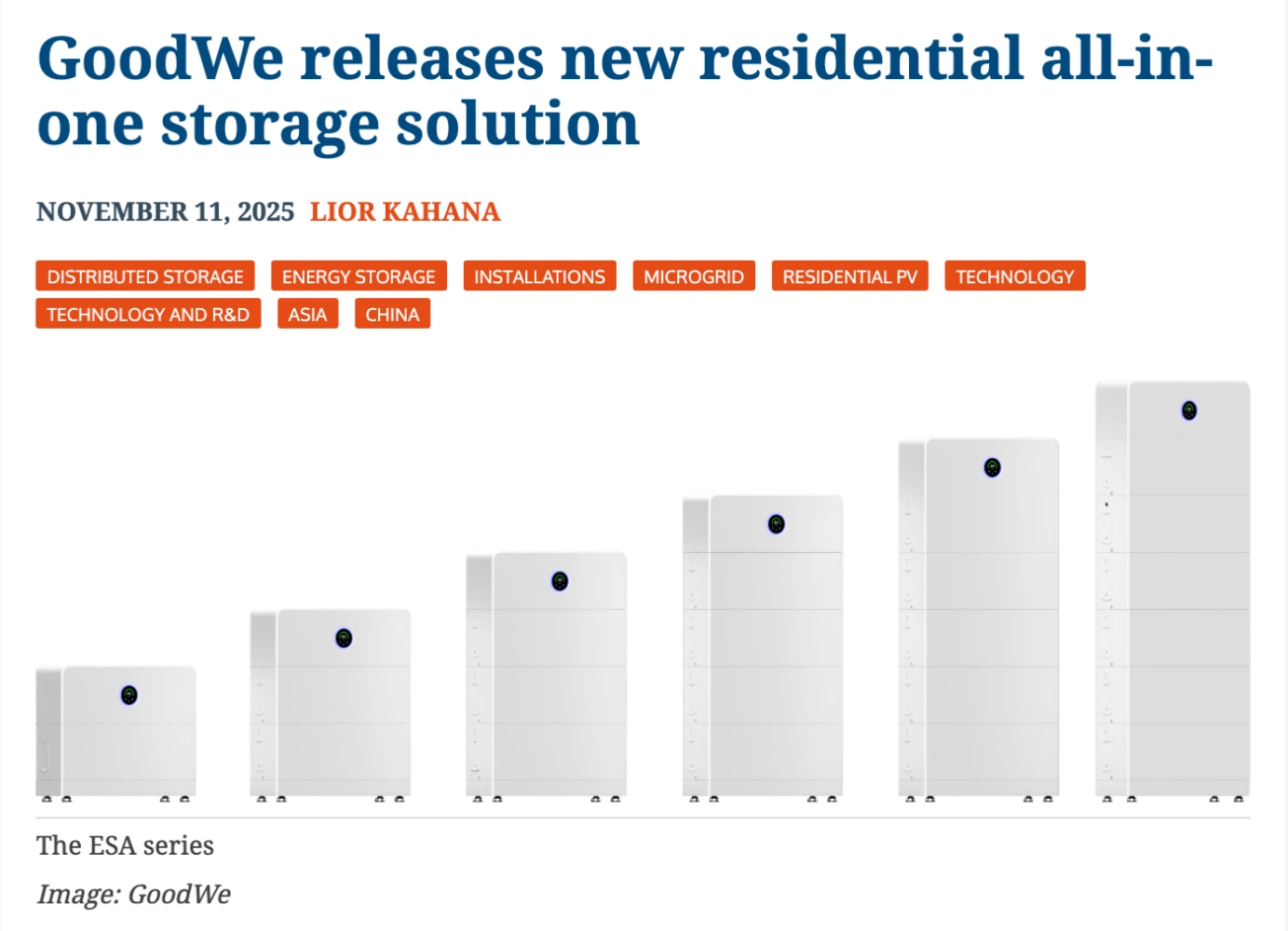 GoodWe ESA launch coverage (screenshot). Screenshot headline about GoodWe releasing a new residential all-in-one storage solution, with ESA series image