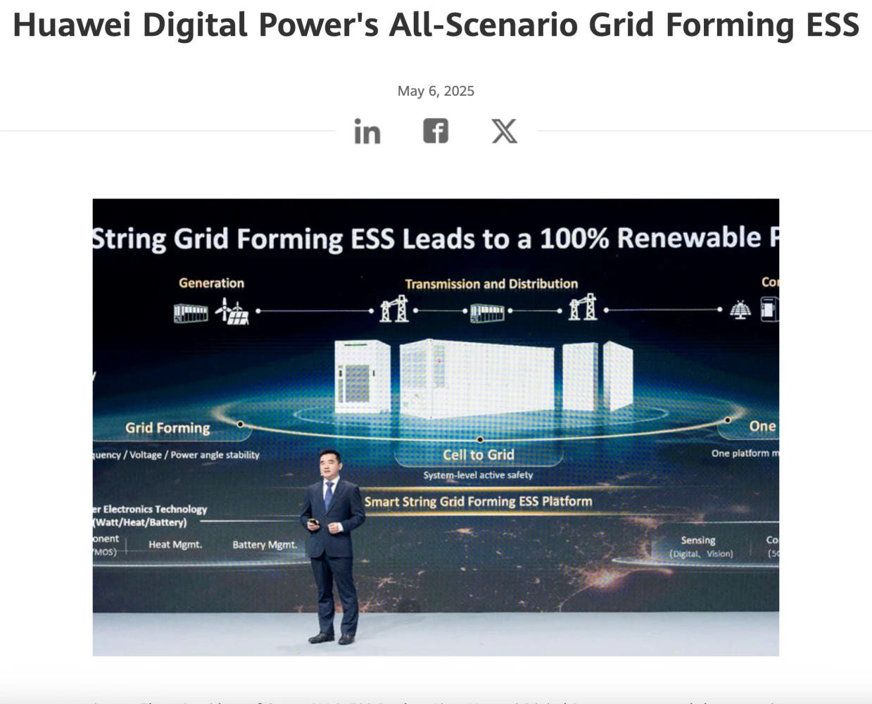 Huawei: grid-forming ESS concept (presentation slide). Huawei Digital Power slide about all-scenario grid-forming ESS, shown during an on-stage presentation.