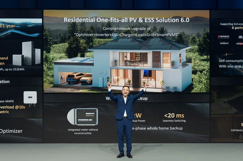 Huawei Residential PV + ESS Solution 6.0 (presentation slide). Huawei presentation slide for Residential one-fits-all PV & ESS Solution 6.0 with a home energy scenario.