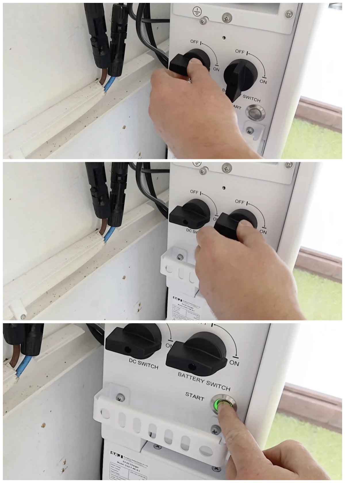 Three-step startup sequence showing a DC switch and battery switch turned to ON, then a START button pressed (green ring lit).
