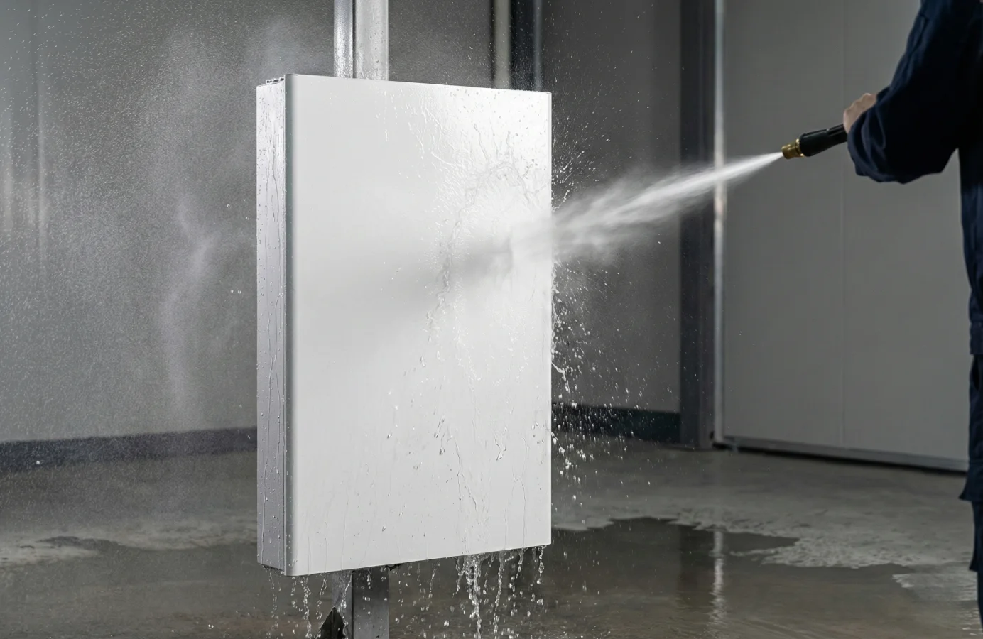 SAJ HS3 enclosure undergoing IPX5 water jet testing to simulate heavy rain.