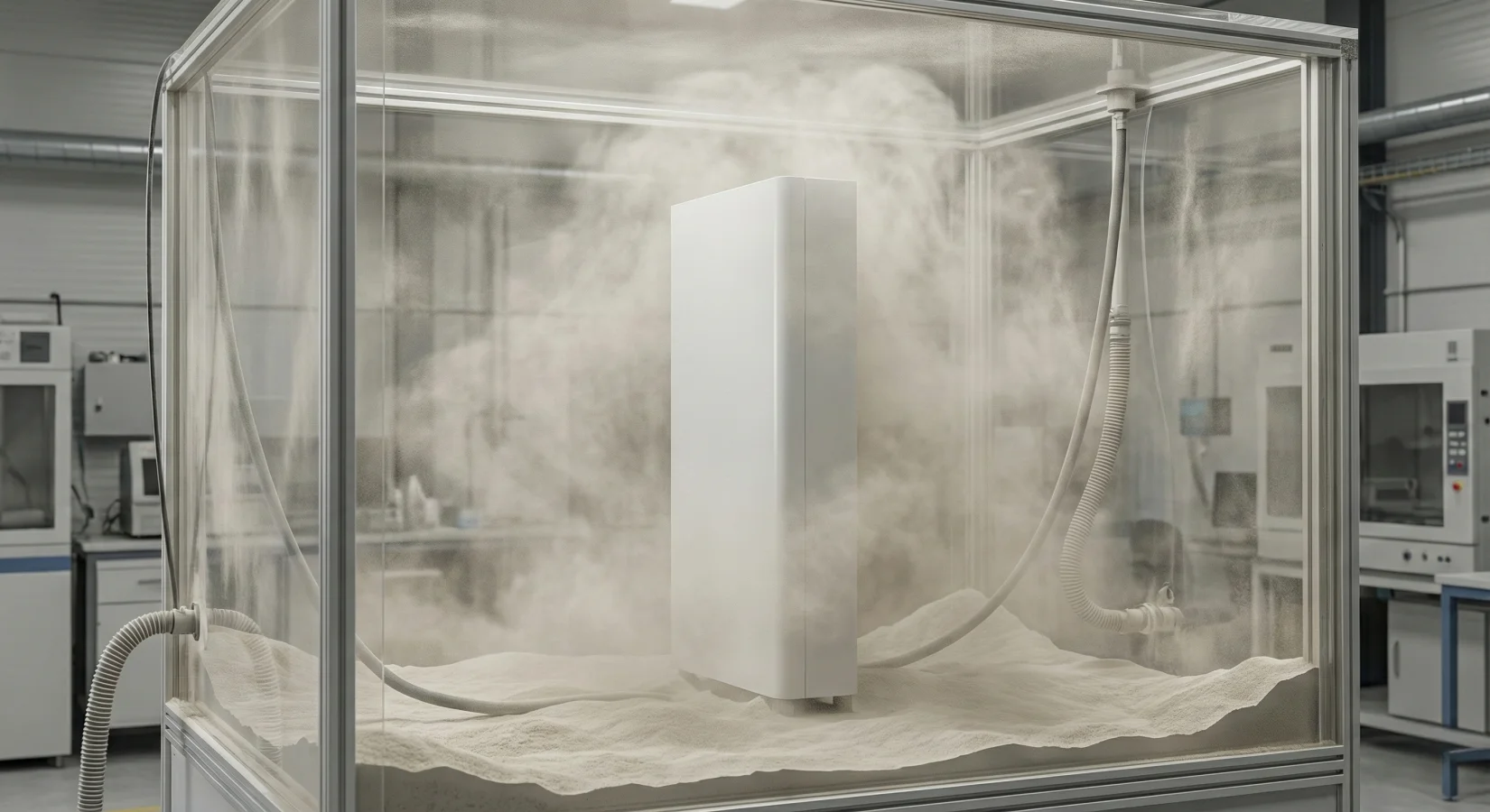 SAJ HS3 enclosure undergoing IP6X dust chamber testing with talcum powder under vacuum.