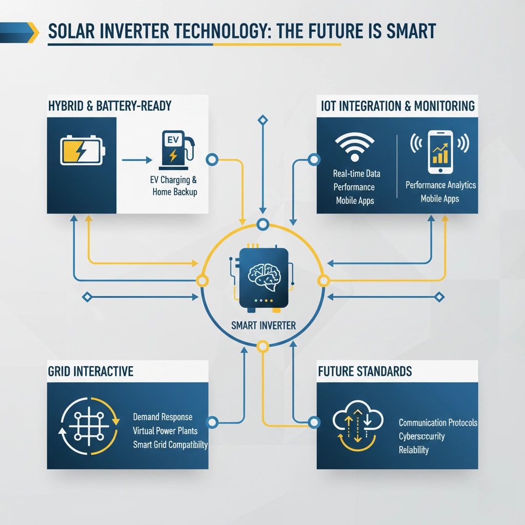 Infographic titled “Solar Inverter Technology: The Future Is Smart” showing a smart inverter connected to hybrid & battery-ready (EV charging & home backup), IoT integration & monitoring, grid interactive functions, and future standards.