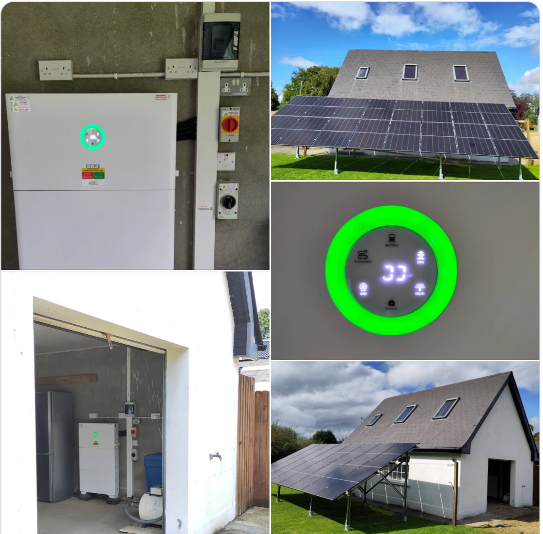 Real-world HS3 installs: wall placement, PV pairing, and the front status ring. Photo collage showing a SAJ HS3 unit installed indoors, outdoor solar arrays, and a close-up of the green status ring display.