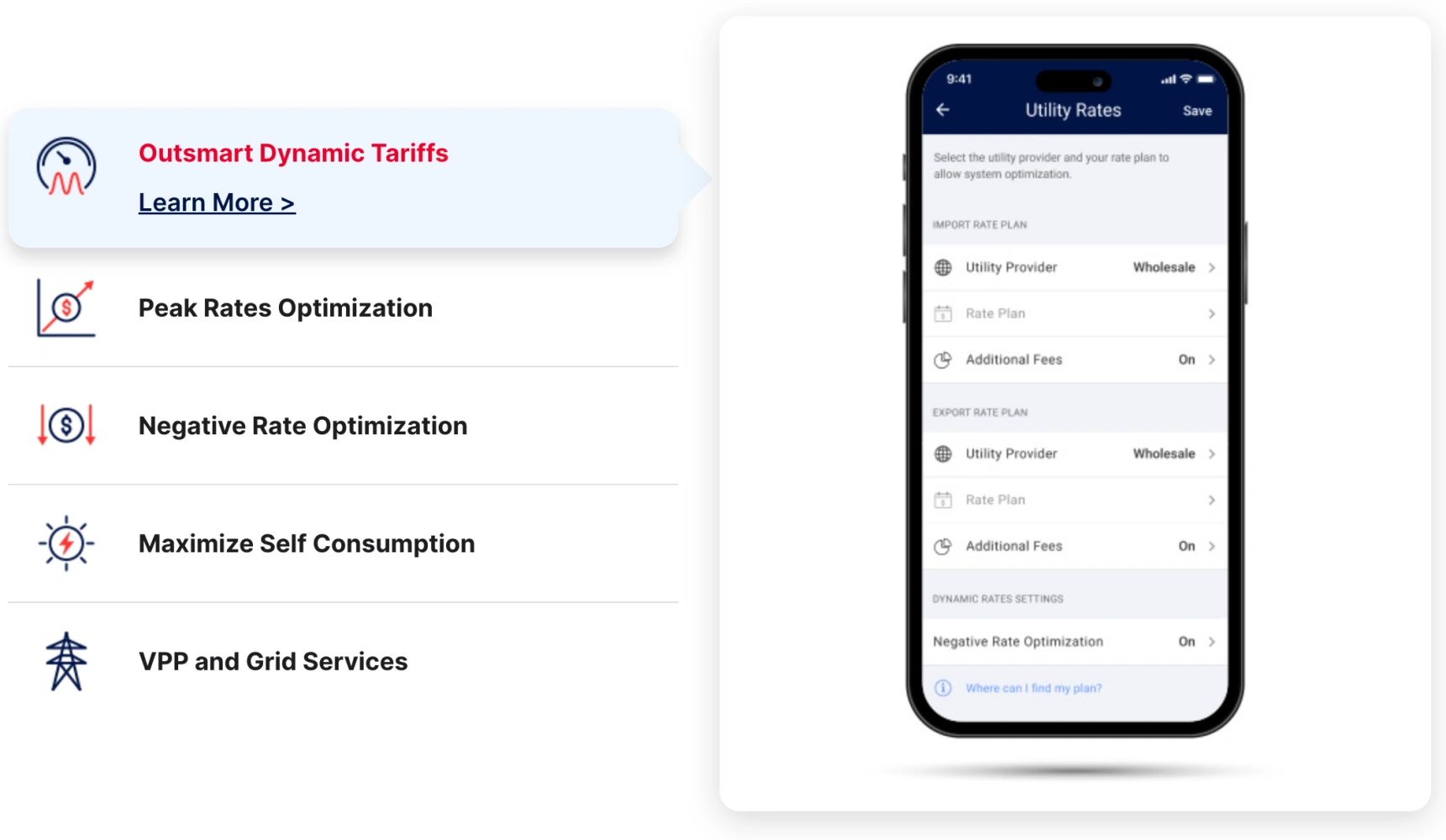 Example of tariff-aware EMS controls (app UI screenshot). Energy management app screens showing utility rate plan settings and dynamic tariff optimization options.