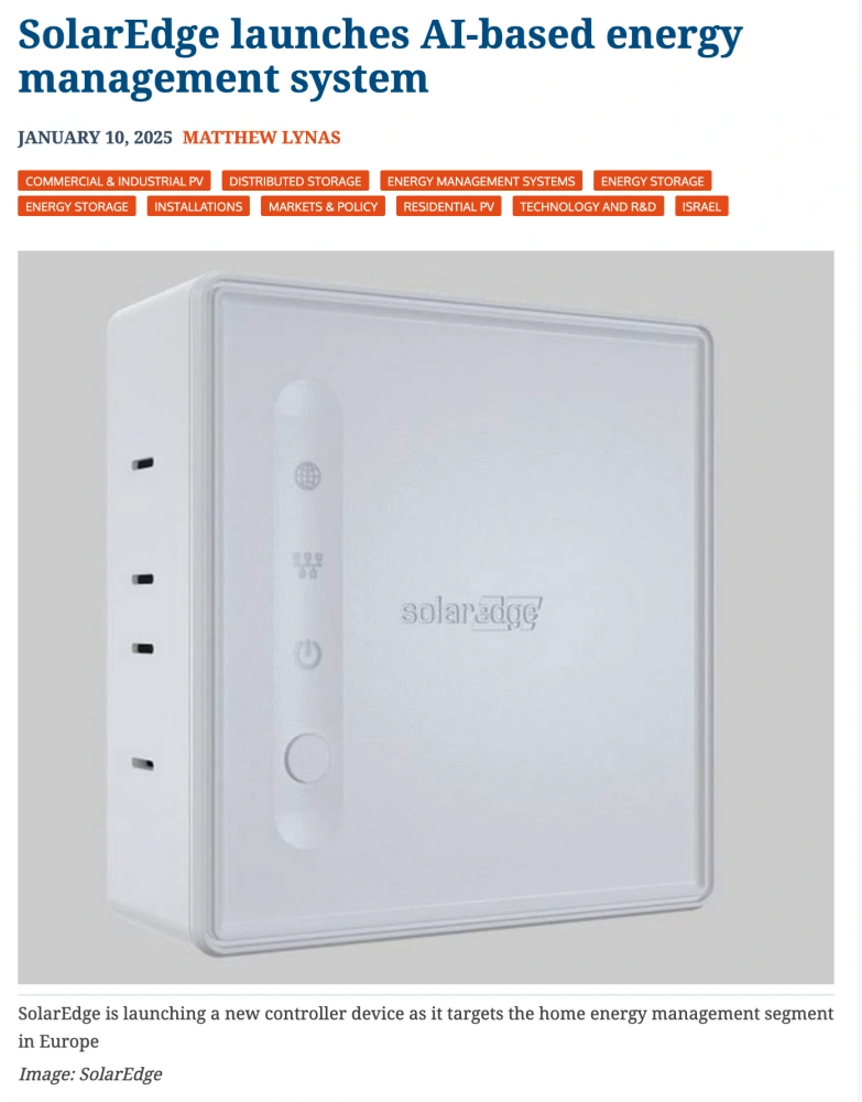 SolarEdge home energy controller / EMS announcement (screenshot). Screenshot showing a SolarEdge AI-based energy management system announcement with a home energy controller image.