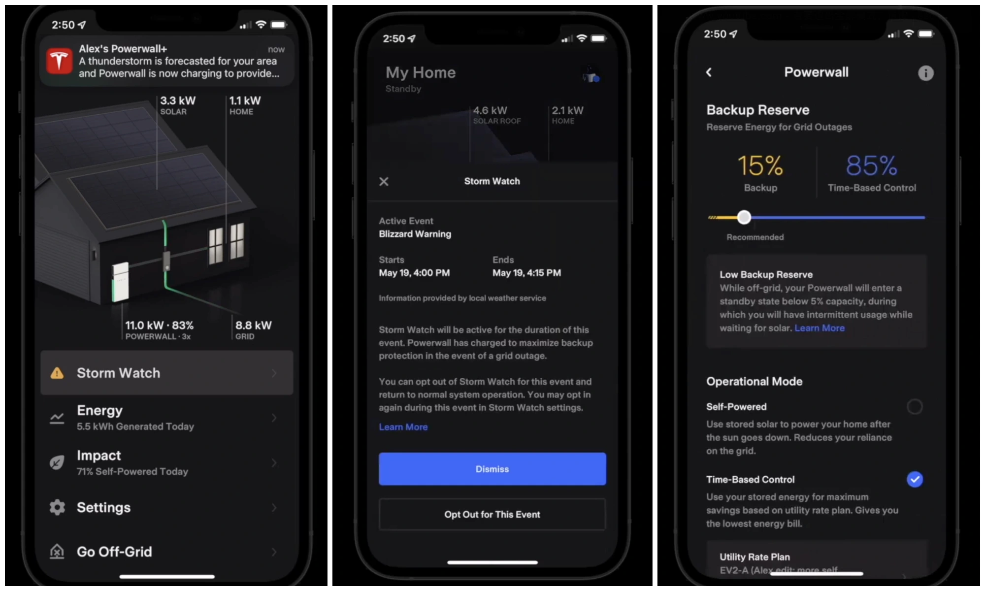 The Tesla interface is famous for its simplicity and the 'Storm Watch' feature that automatically preps for bad weather. Tesla Energy app interface showing Powerwall status and Storm Watch activation.