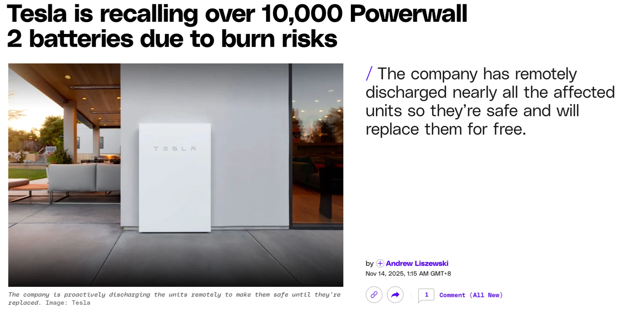 Powerwall 2 recall coverage (screenshot). Screenshot about a Tesla Powerwall 2 recall, showing a Powerwall installed on a home wall.