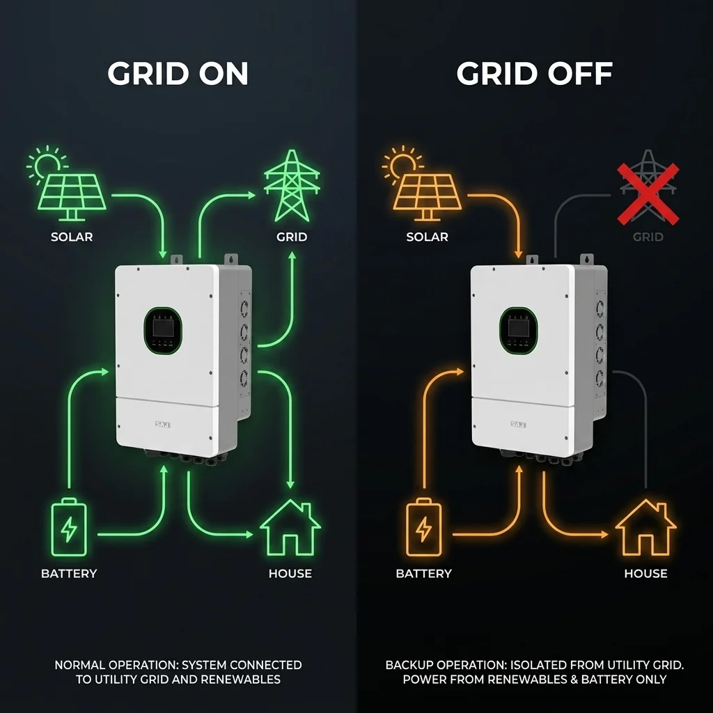 SAJ H2 Hybrid Inverter Normal vs Backup Power Flow Diagram